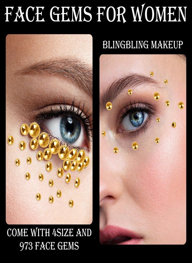 FEMBW 973Pcs Face & Hair Gems Stickers Fake Piercings– Self-Adhesive Face Jewels & Rhinestones for Eyes, Body, Makeup, Festivals – 3/4/5/6mm DIY Rave Accessories for Girls, Teens & Women (Golden) - Image 4